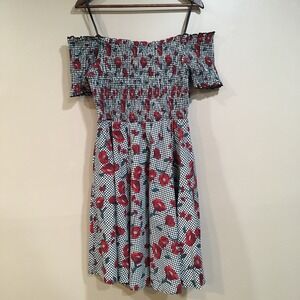 Dark Floral Gingham Off Shoulder Dress Sz 18 Black Red Rockabilly Cottage Picnic